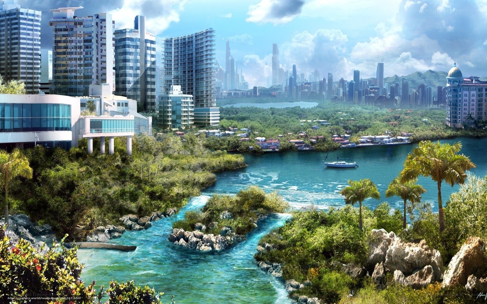 futuristic city by the river