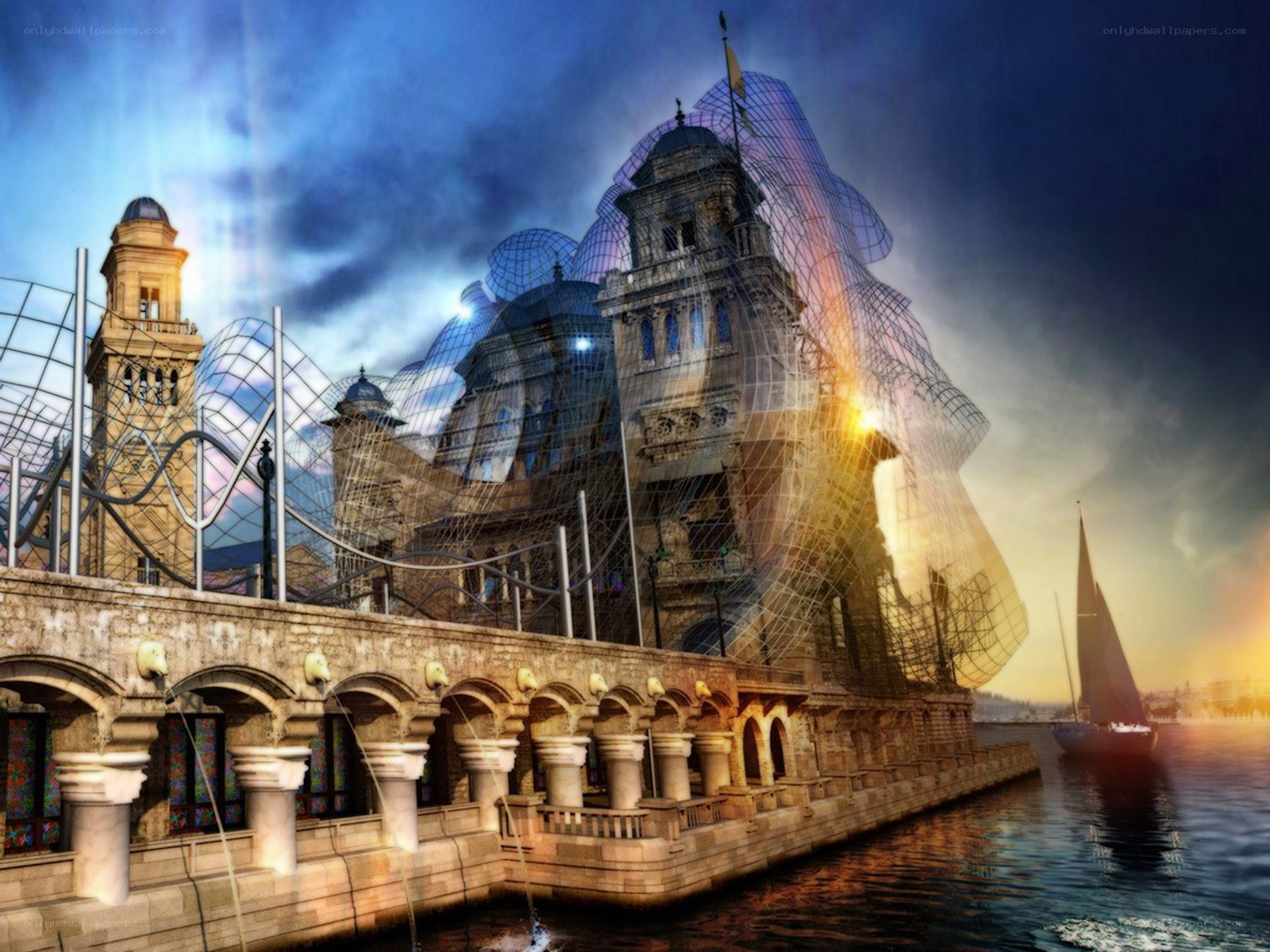 futuristic city by the water