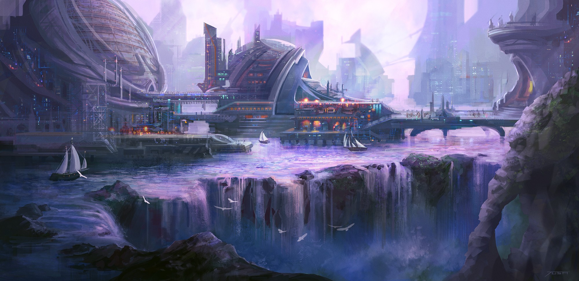 futuristic city by the waterfall