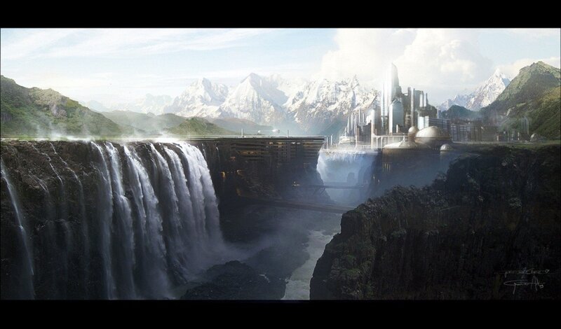 futuristic city by waterfall