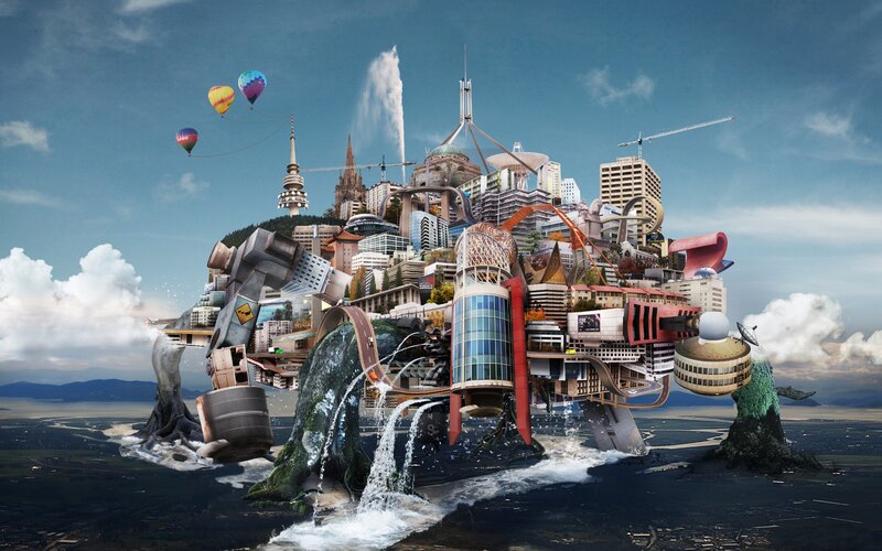 futuristic city collage