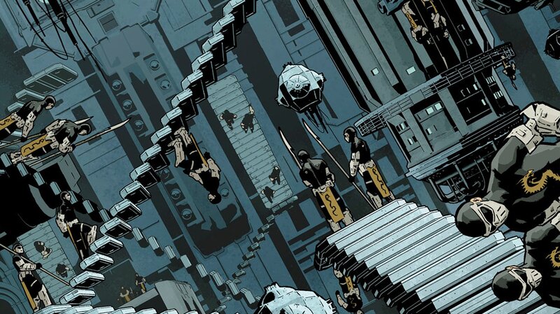 futuristic city combat scene