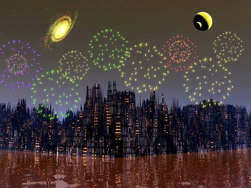 futuristic city fireworks
