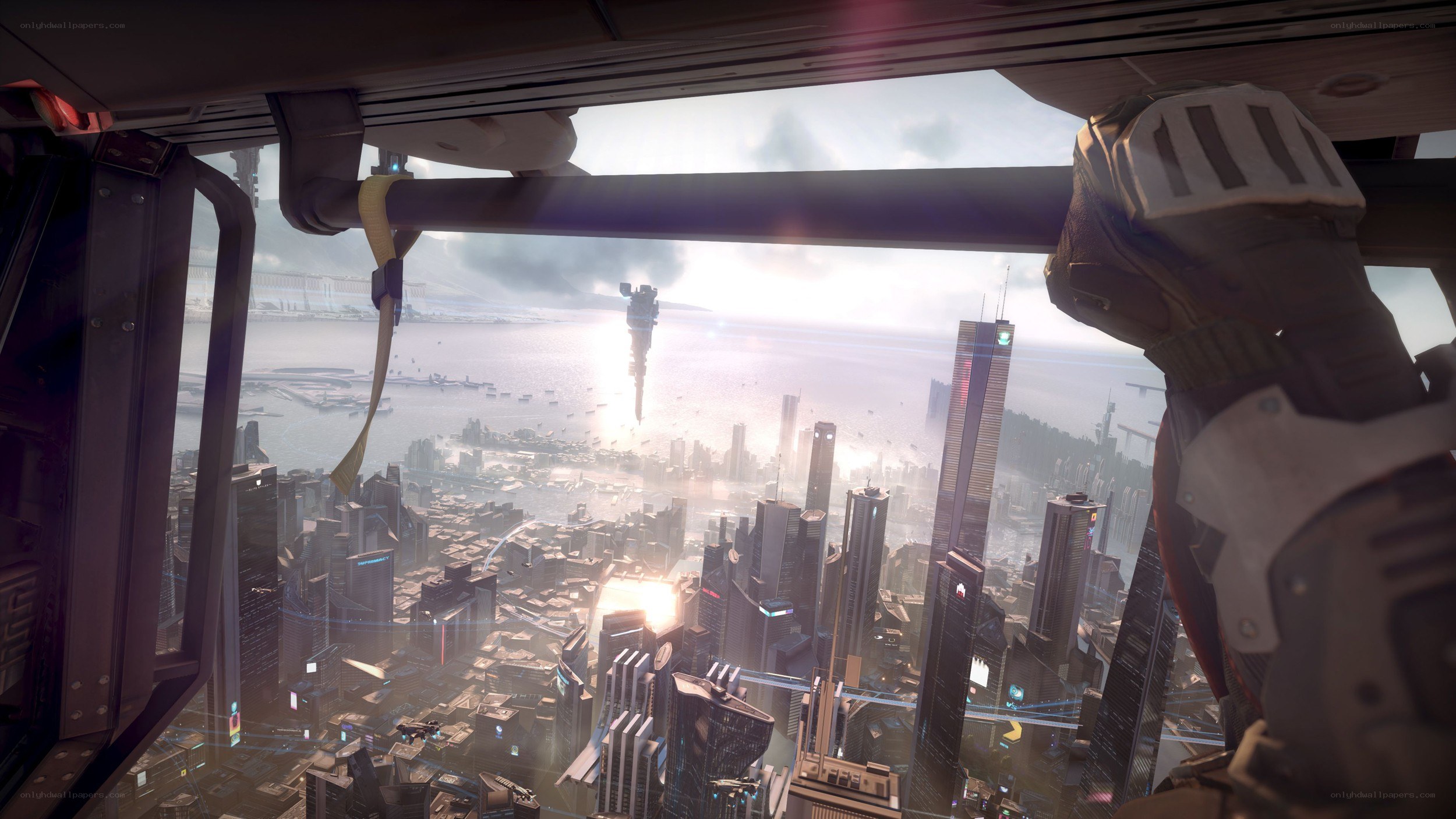 futuristic city from cockpit