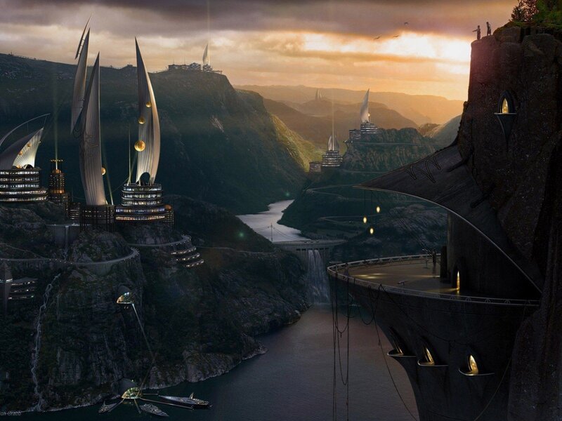 futuristic city in a canyon
