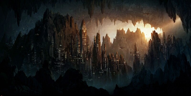 futuristic city in a cave
