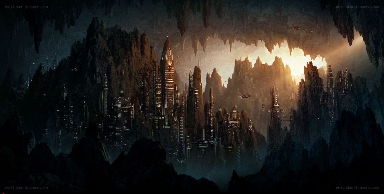 futuristic city in a cave