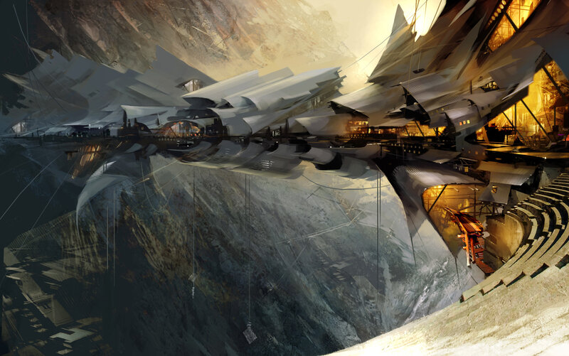 Futuristic City in Canyon — Gray, Dramatic, Sunset