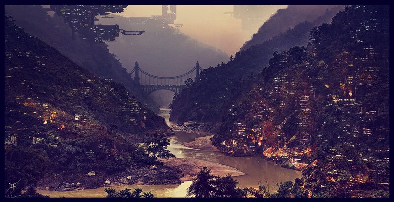 Futuristic City in Canyon — Purple