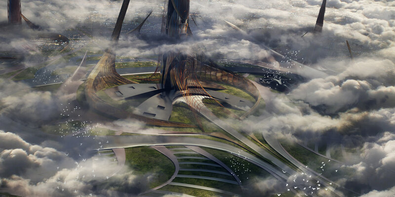 Futuristic City in Clouds — Gray, Dramatic, Digital Art