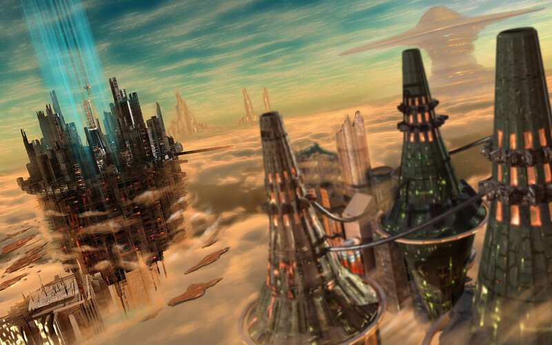 Futuristic City in Clouds — Green, Dramatic