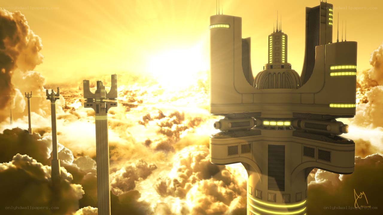 futuristic city in clouds