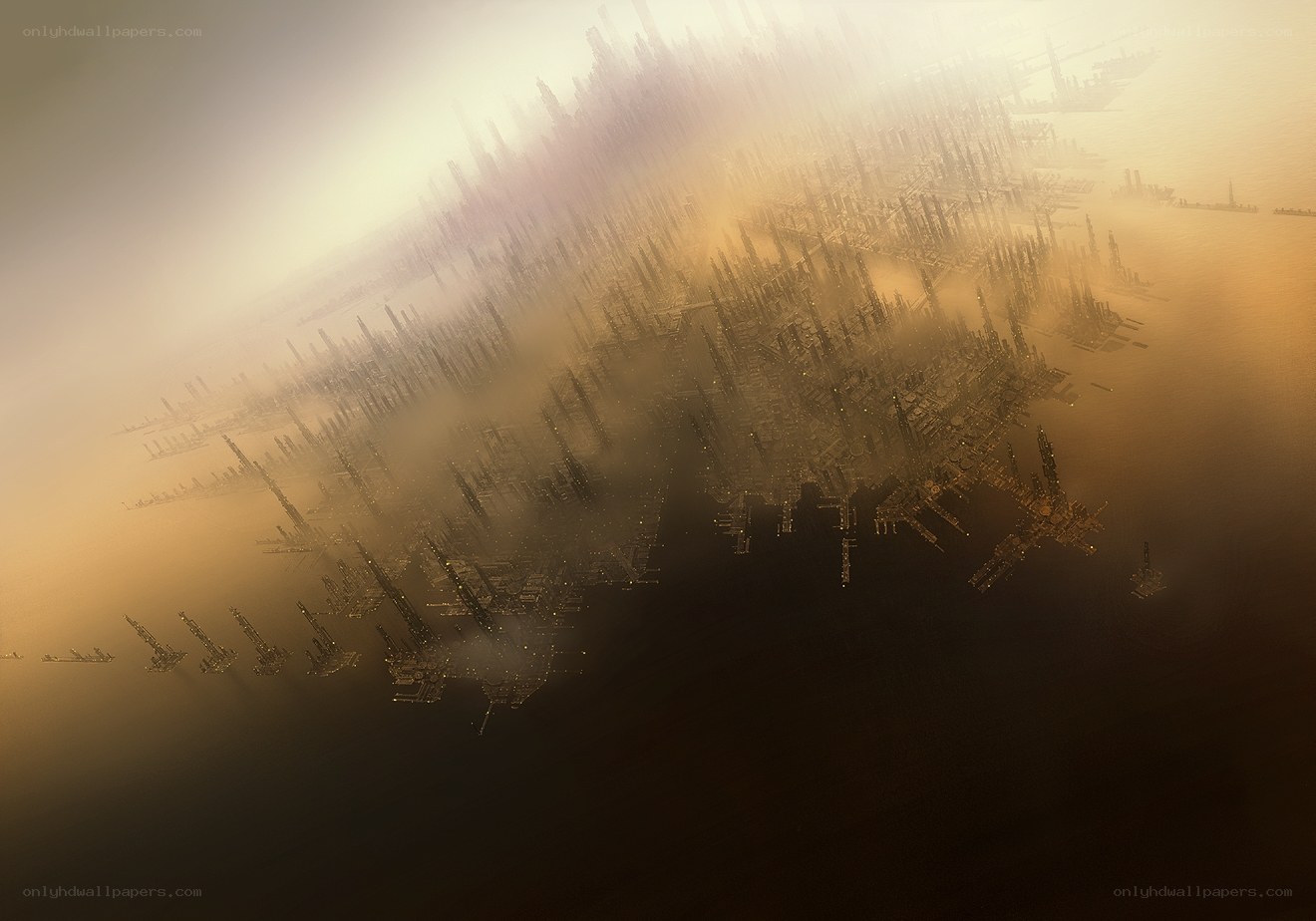 futuristic city in fog