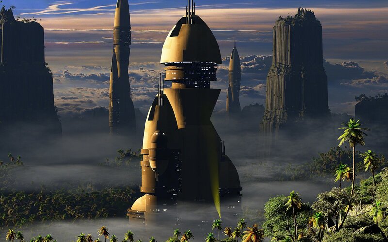 futuristic city in mist