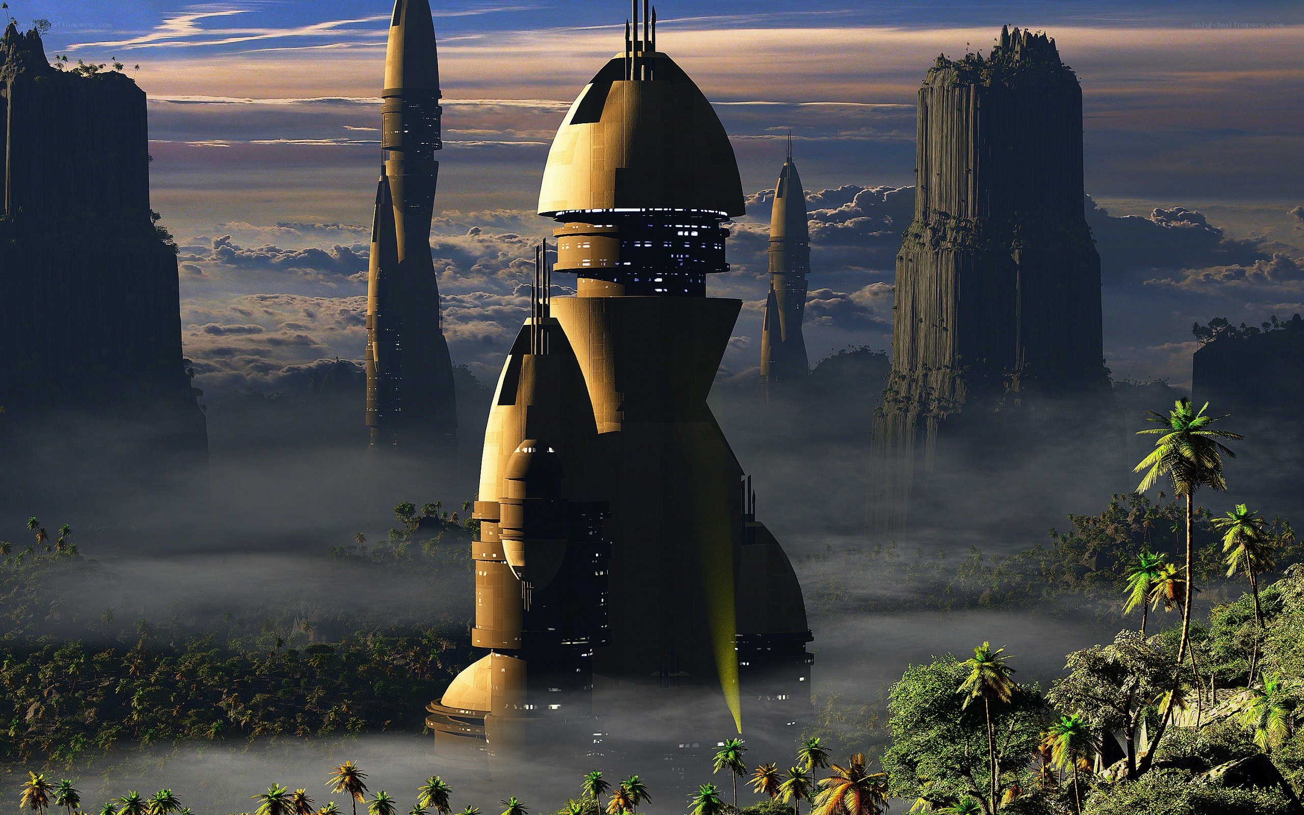 futuristic city in mist