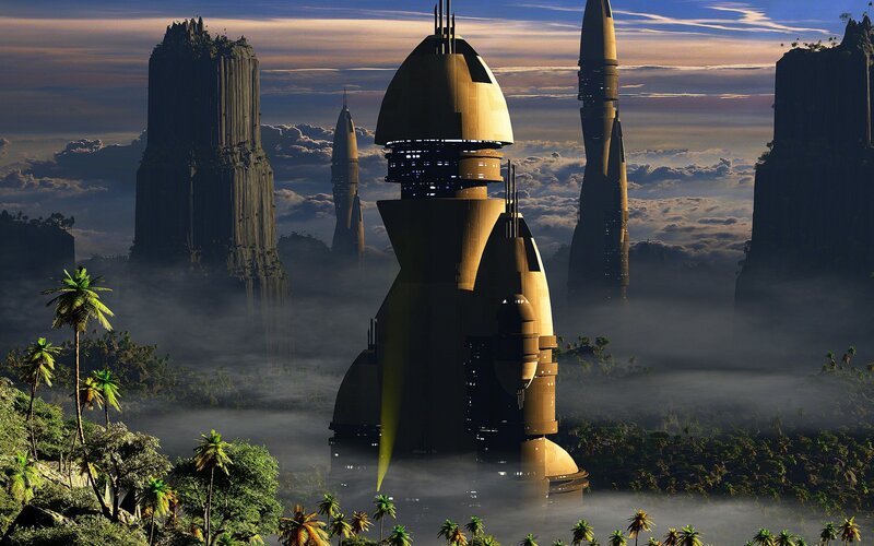 futuristic city in mist
