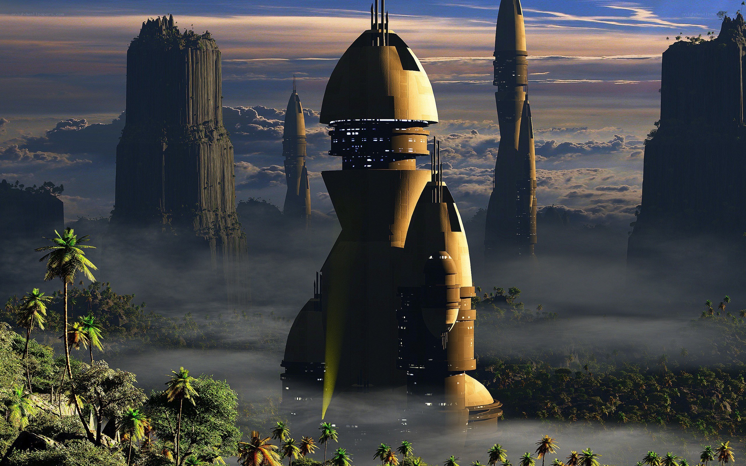 futuristic city in mist