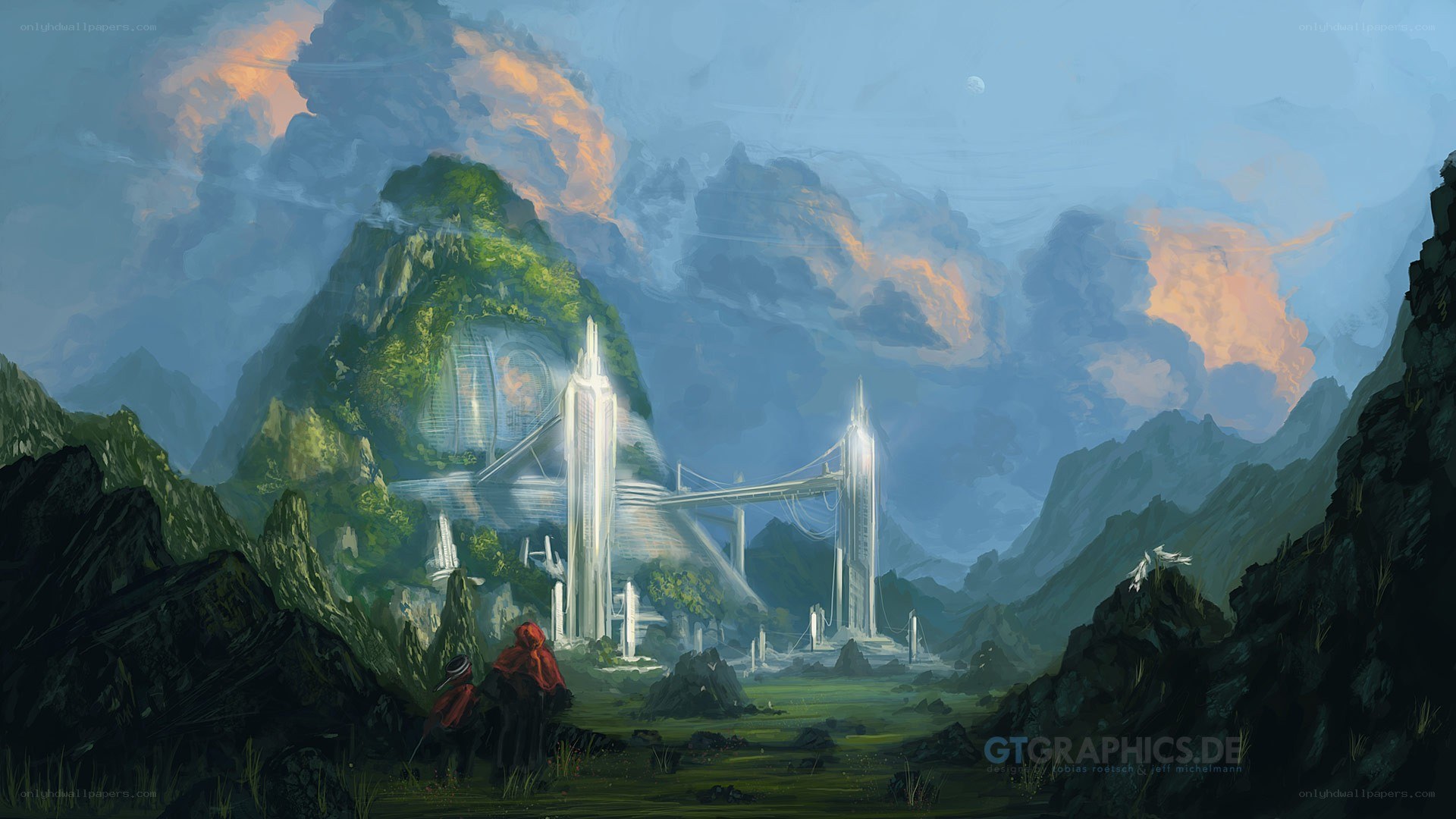 futuristic city in mountain valley