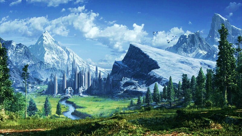 futuristic city in mountain valley
