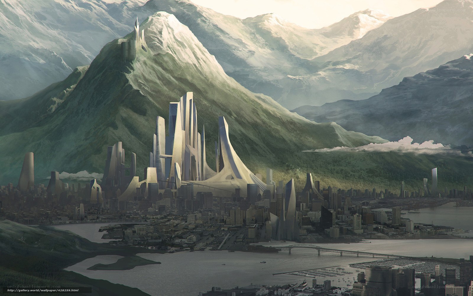 Futuristic city in mountain valley