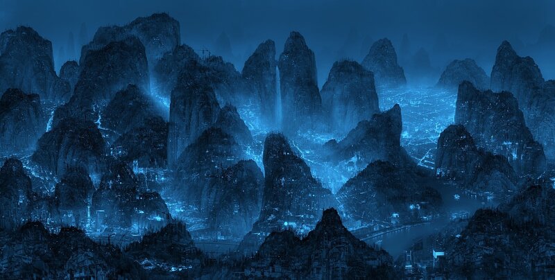 futuristic city in mountains