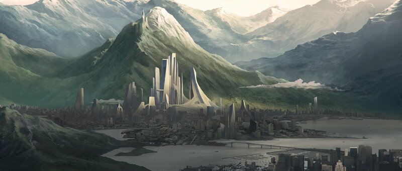 futuristic city in mountains