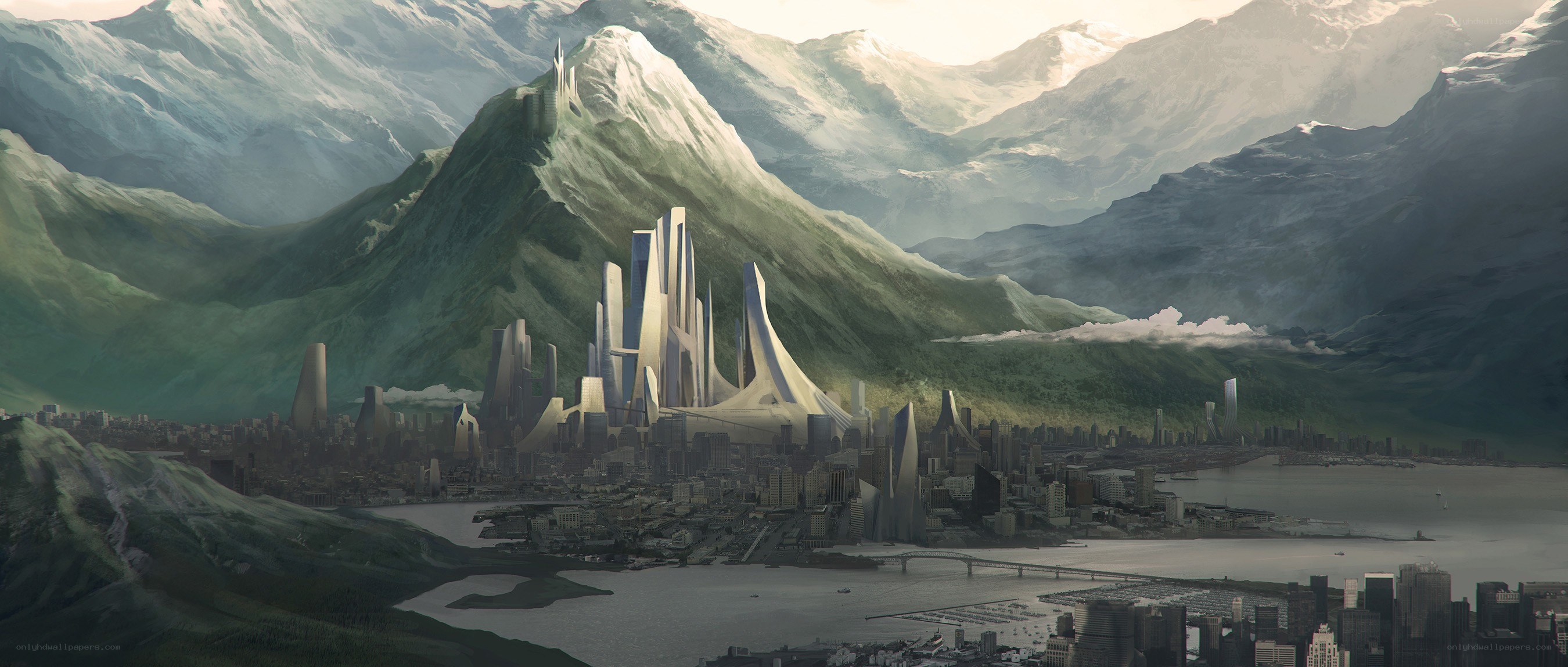 futuristic city in mountains