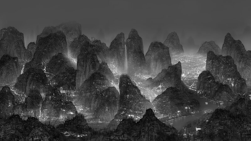 Futuristic City in Mountains — Black, Dramatic