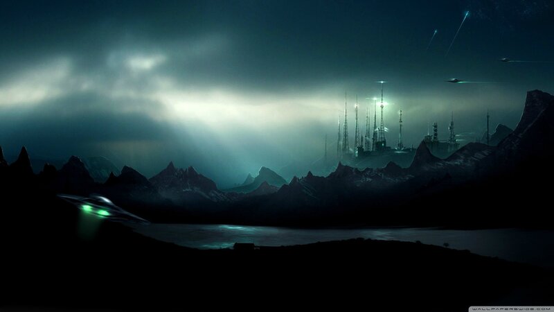 Futuristic City in Mountains — Dark Blue, Dramatic
