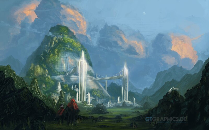 Futuristic City in Mountains — Green, Dramatic, Sunset, Digital Art