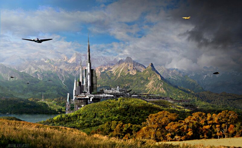 Futuristic City in Mountains — Green