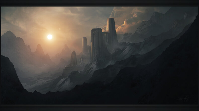 futuristic city in mountains