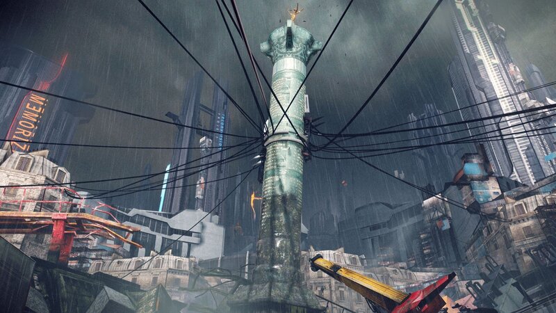 futuristic city in rain