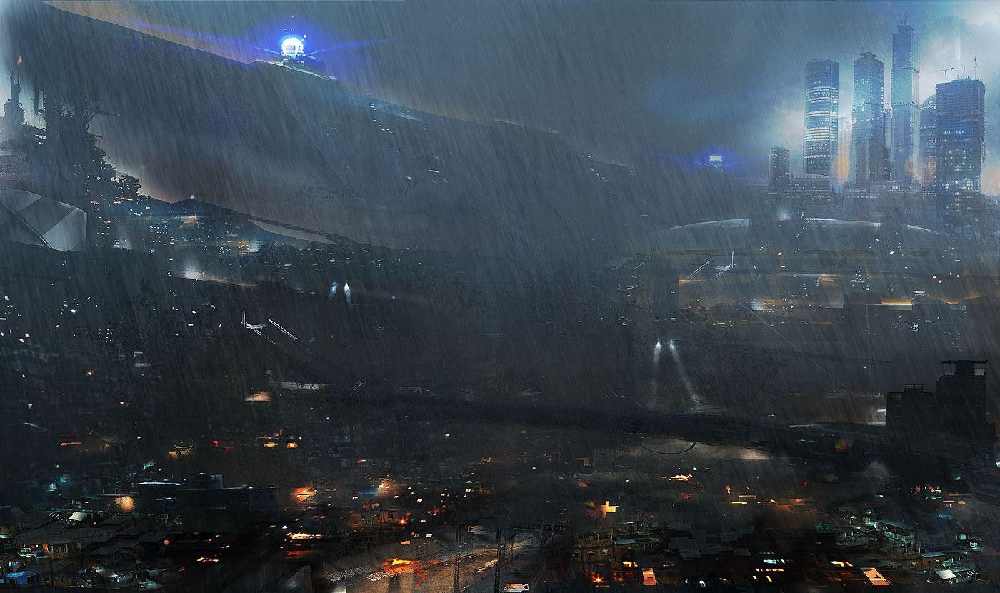futuristic city in rainstorm