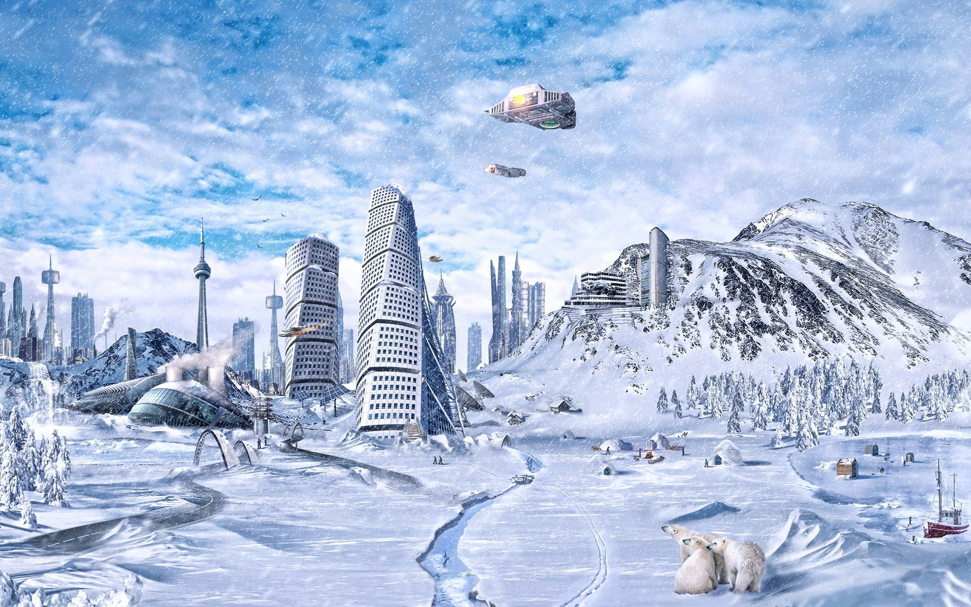 futuristic city in snow