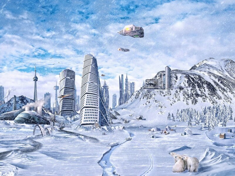 futuristic city in snowy landscape