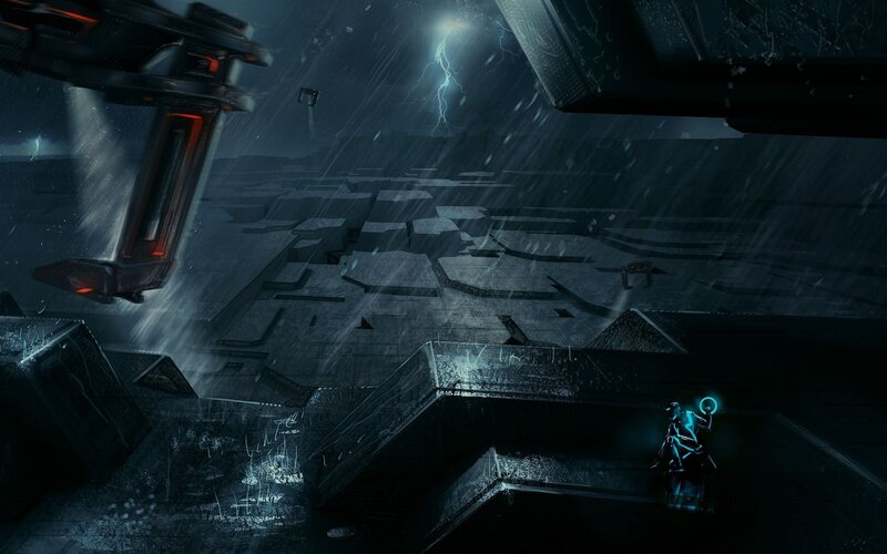 futuristic city in storm