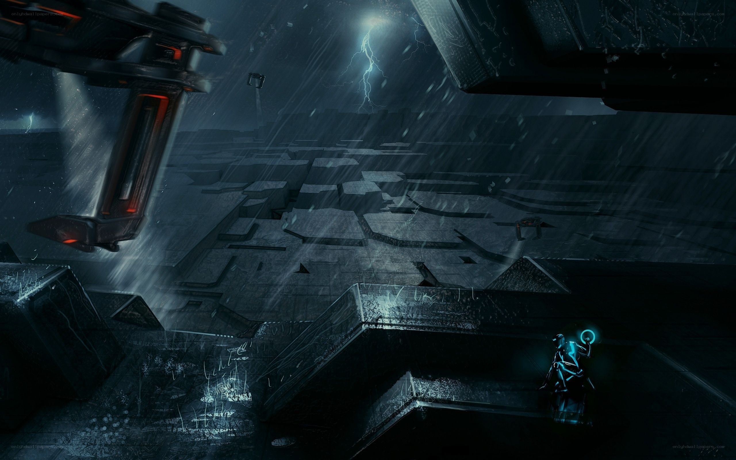 futuristic city in storm