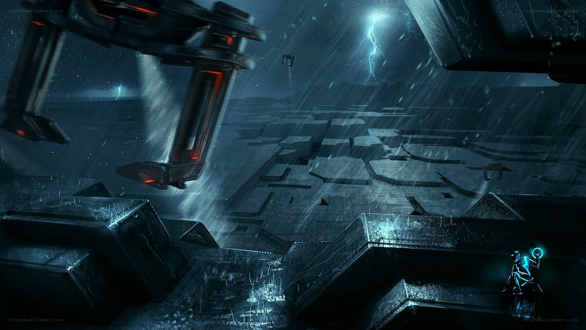 futuristic city in storm