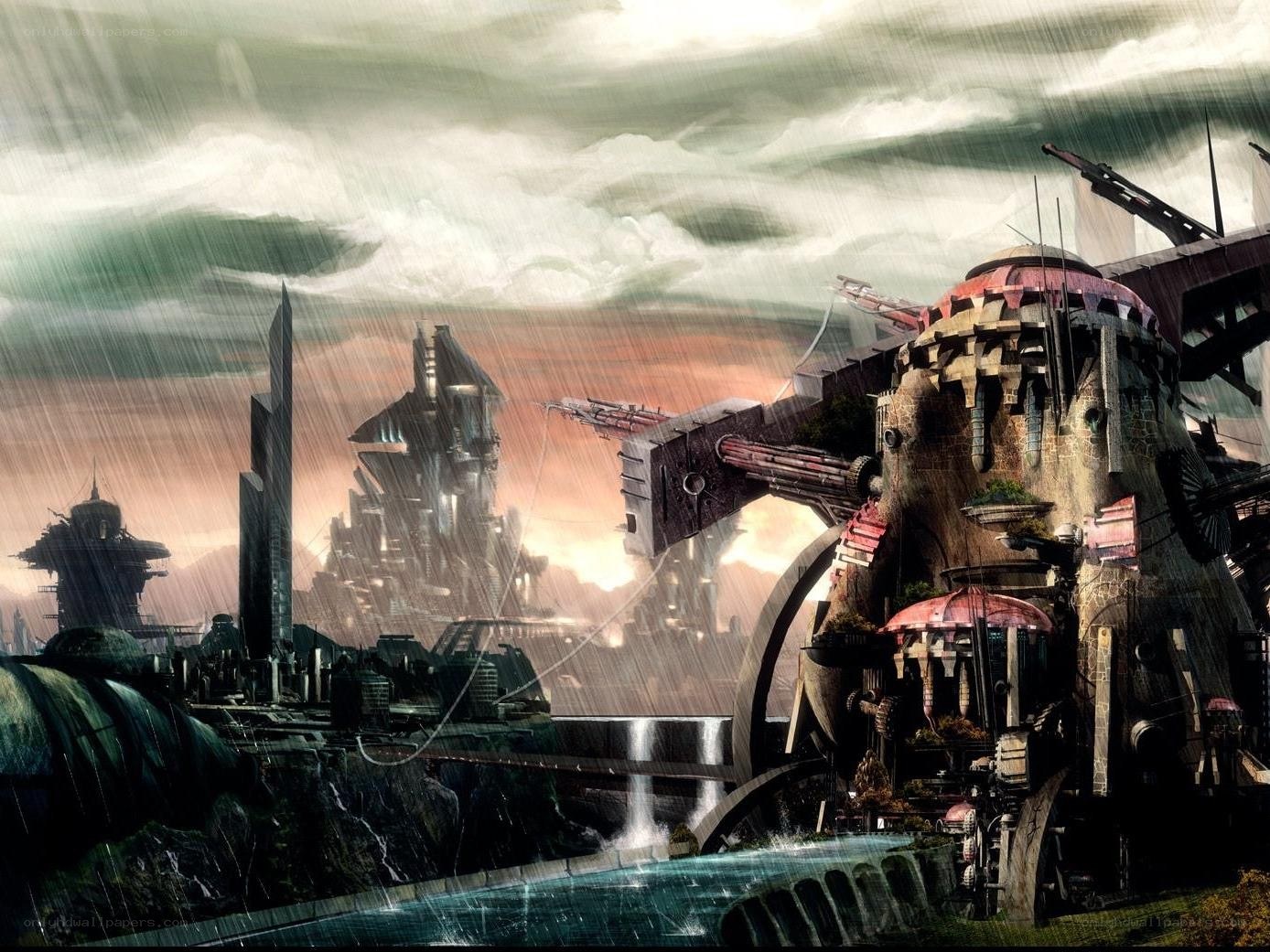 futuristic city in the rain