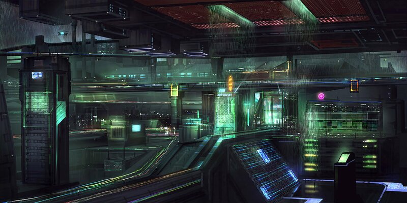 Futuristic City Interior — Green, Dramatic, Night