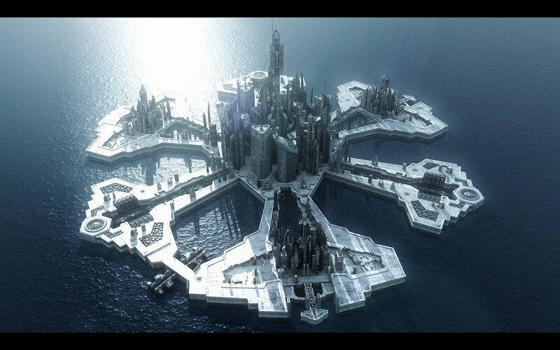 Futuristic City Island — Blue, Dramatic, Afternoon
