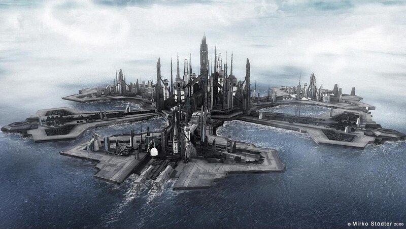 Futuristic City Island — Blue, Dramatic, Digital Art