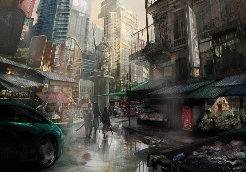 futuristic city market scene