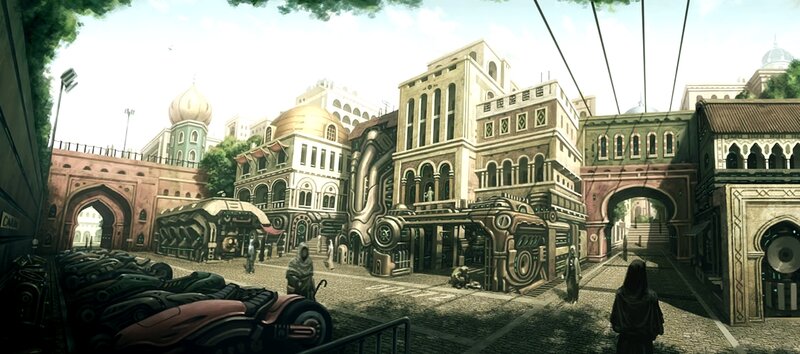 futuristic city marketplace