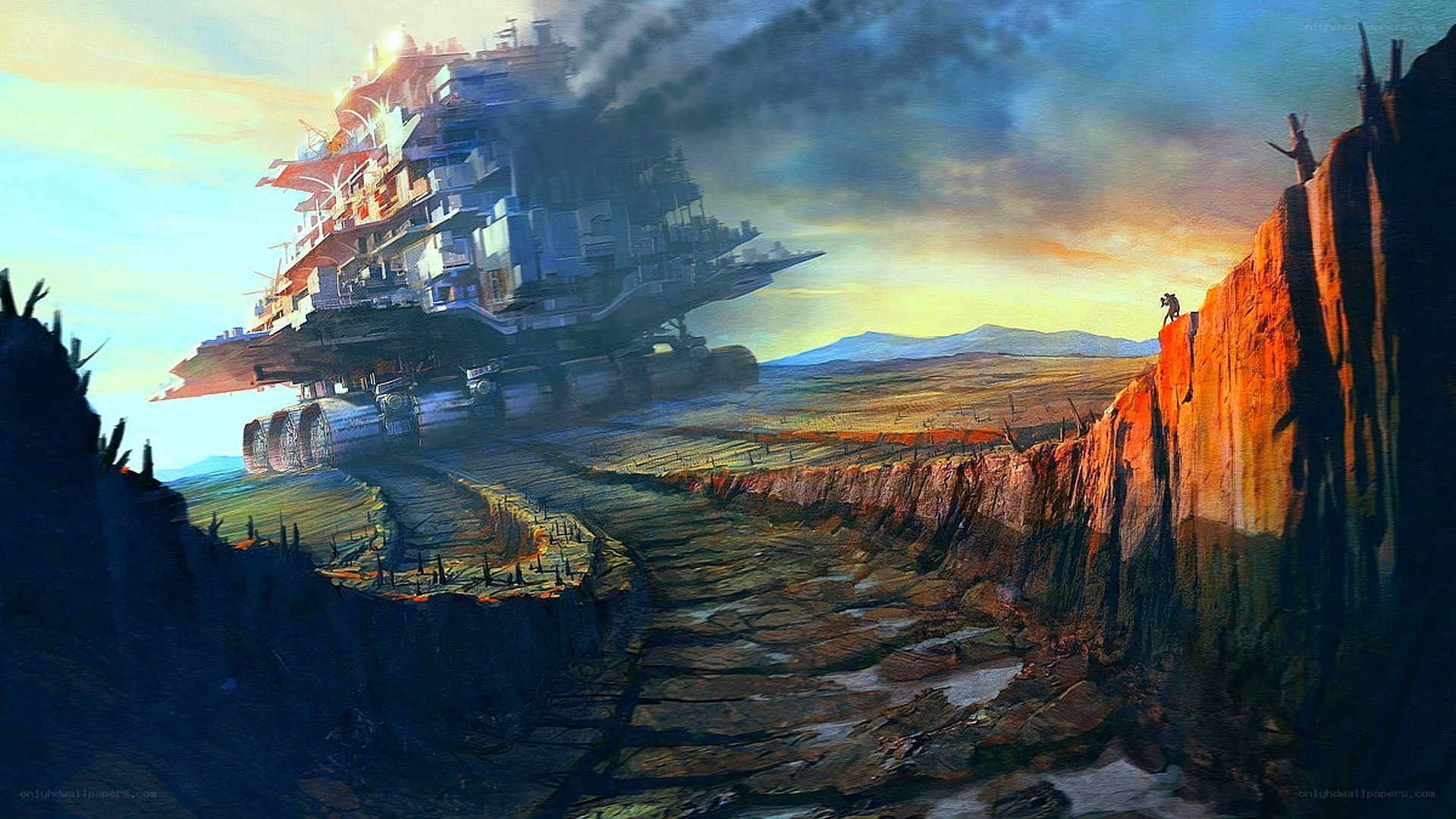 futuristic city on a cliff