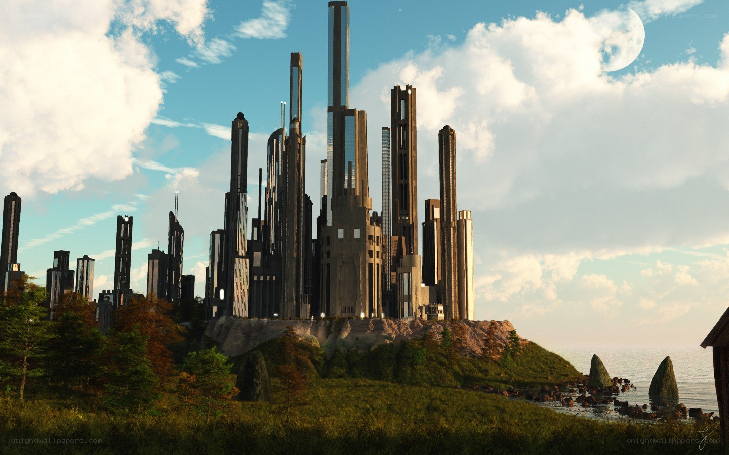 futuristic city on a cliff