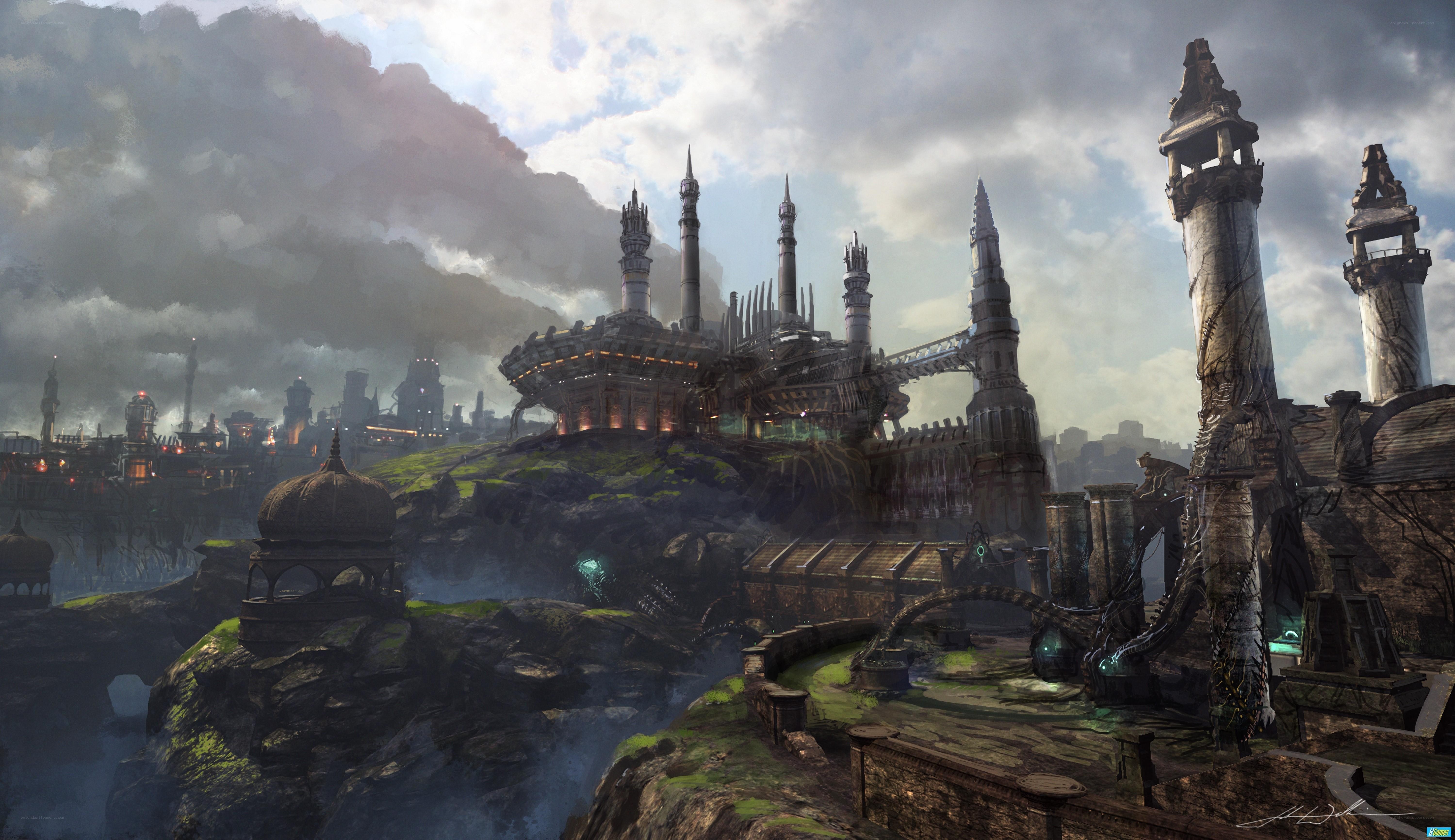 futuristic city on a cliff
