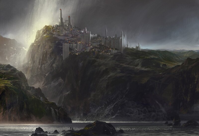 futuristic city on a cliff