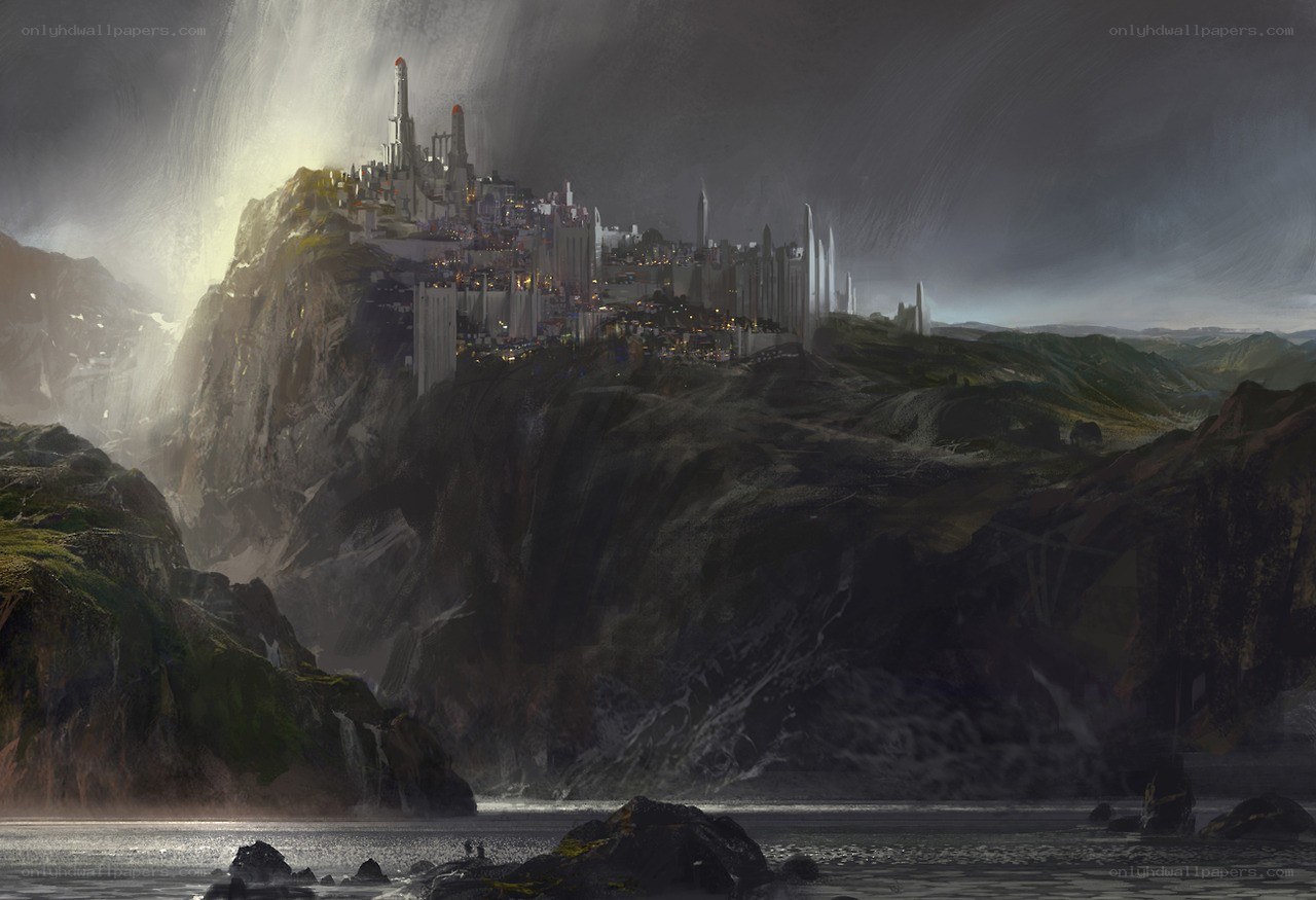futuristic city on a cliff